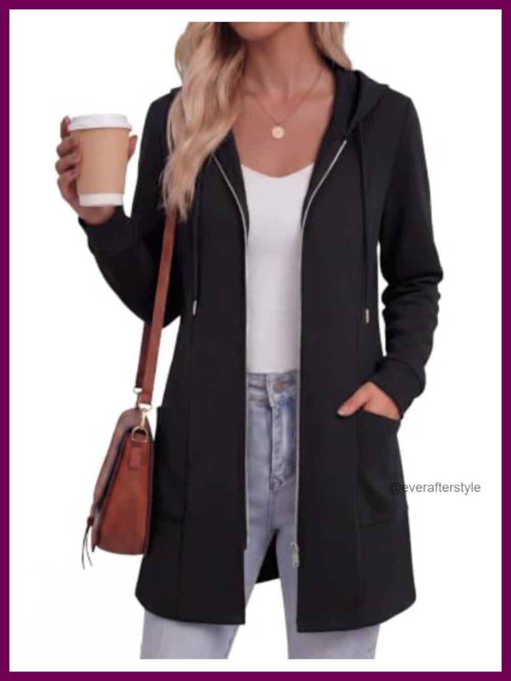 Women's Zip Up Hoodie Mid-Length Fleece Lined Drawstring Hood Pockets